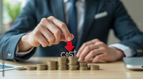 Cost reduction concept. Cost wording on decreasing coins stacking with the down arrow. Businessman working on company cost saving. Cost Management, Economy recession, low budget, Effective business