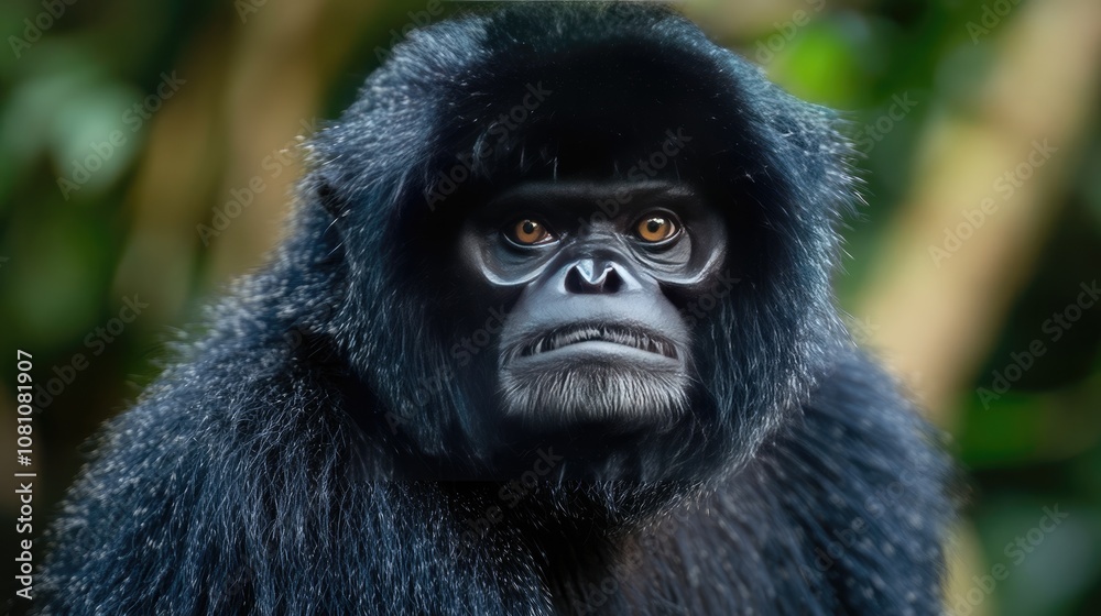 Intense Close-Up of a Black Gibbon with Striking Facial Features Against a Soft Green Background, Capturing Intrigue and Beauty in Nature's Wild Creatures Intense Close-Up of a Black Gibbon with Striking Facial Features Against a Soft Green Background, Capturing Intrigue and Beauty in Nature's Wild Creatures