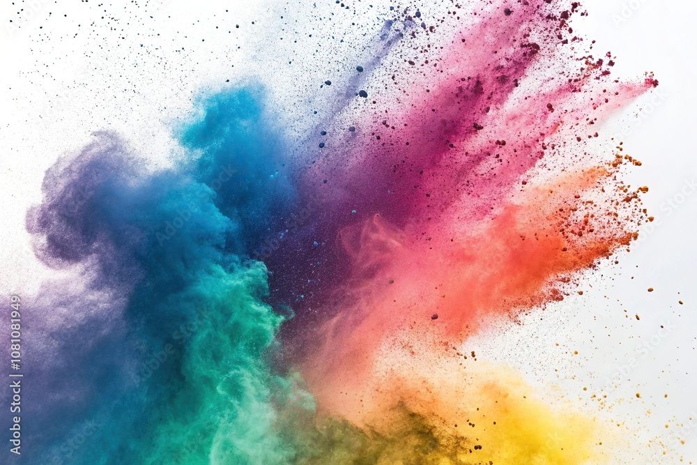 Swirling colorful powder explosion against a wide isolated white background, colored dust, vibrant hues, whimsical display, pastel shades Swirling colorful powder explosion against a wide isolated white background, colored dust, vibrant hues, whimsical display, pastel shades