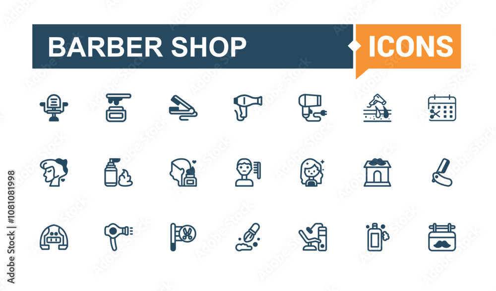 Barber Shop thin line icon set. Contains such icons as coffee, barber shop, brush, color, style, hair, flat and more. Perfect for logos and infographics. Vector line and solid icons.