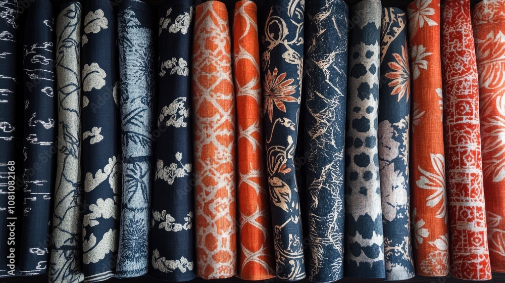 Colorful Fabric Rolls Showcasing Intricate Patterns and Designs Featuring Blue, Orange, White, and Black Textiles for Fashion and Home Decor Projects Colorful Fabric Rolls Showcasing Intricate Patterns and Designs Featuring Blue, Orange, White, and Black Textiles for Fashion and Home Decor Projects