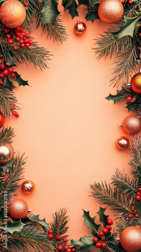 Festive baubles and holly frame on light peach background Festive baubles and holly frame on light peach background