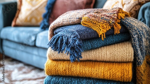 Cozy Living Room with Colorful Textiles Features Plush Throws in Warm Tones on a Blue Sofa, Capturing the Essence of Home Comfort and Relaxation