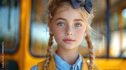 A little blonde girl with long braids and a backpack is standing next to a school bus. photo