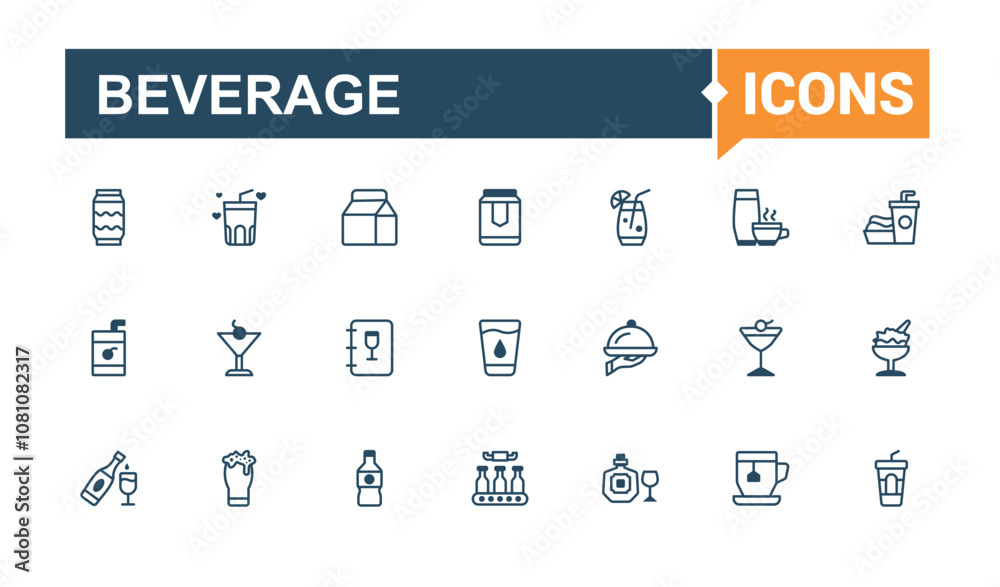 Beverage line web icon set. Featuring water, servers, alcohol, gin tonic, flat, sourcing and more. Perfect for logos and infographics. Outline and solid pictogram.