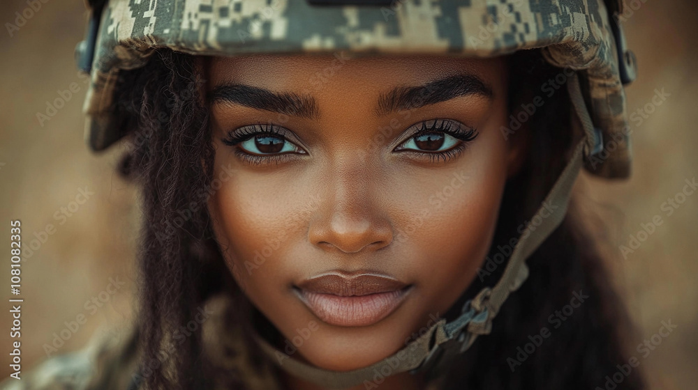Portrait of young woman in military uniform with intense gaze Portrait of young woman in military uniform with intense gaze