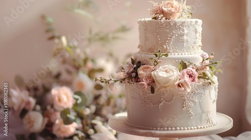 .Two-tiered wedding cakes of incredible beauty in shades of pink, creating a wedding atmosphere.
