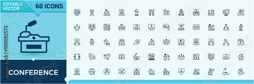 Conference icon set. Includes icons for lecture, seminar, workshop, teamwork, webinar, training, office, professional. Thin linear style icons. Editable vector icon and illustration.