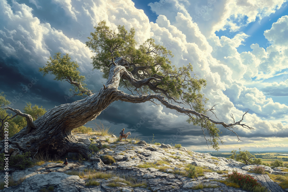 Fototapeta premium A lone tree on top of a rocky hill under a cloudy sky