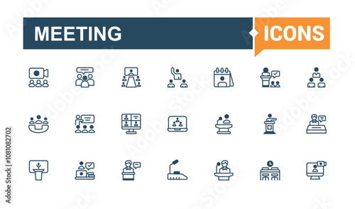Set of Conference line icons. Containing discussion, training, forum, lecture, meet, professional, meeting and more. Thin linear style icons. Vector outline and solid icons collection.