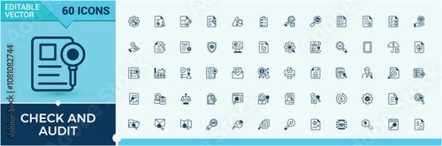 Audit icons in linear style. Featuring receipt, vector, income, design, payment and more. Outline symbol collection. Solid line editable stroke.