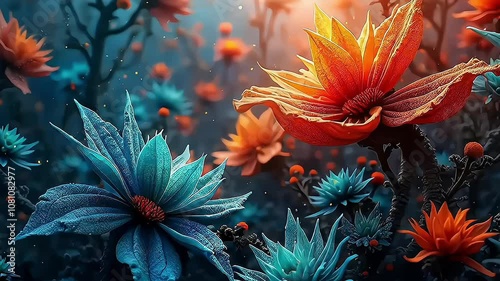 fantasy background with fiery and bright flowers