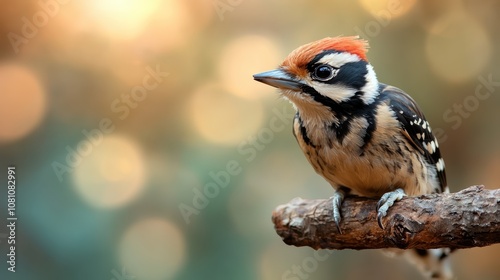 An alert woodpecker sits poised on a branch, its vivid feathers contrasted against a beautifully blurred backdrop, capturing a moment of natural elegance and grace. photo