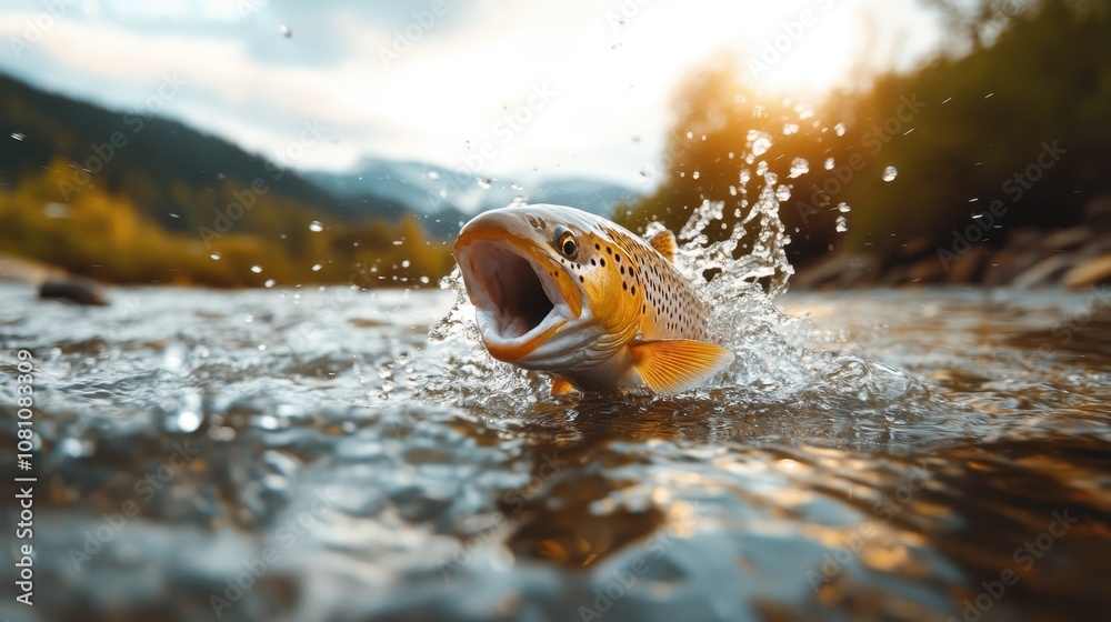 An awe-inspiring moment of a fish, caught mid-air in a splash, set against a golden hour backdrop, encapsulating the beauty and vigor of aquatic life in motion. An awe-inspiring moment of a fish, caught mid-air in a splash, set against a golden hour backdrop, encapsulating the beauty and vigor of aquatic life in motion.