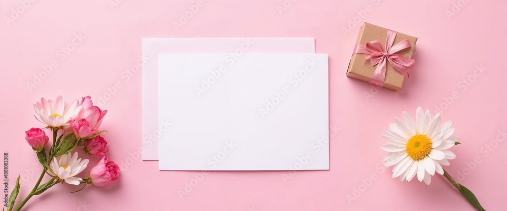 Blank greeting card with flowers and gift boxes on pink background Blank greeting card with flowers and gift boxes on pink background