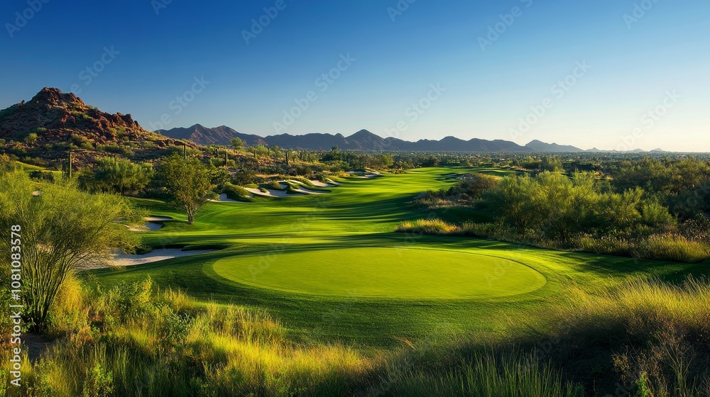 Obraz premium A stunning view of a lush green golf course set against a backdrop of majestic mountains and a clear blue sky. The course is well-maintained and inviting, with rolling hills and natural features that