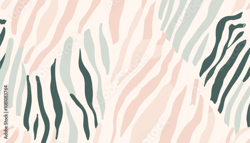 Trendy pattern zebra skin in blush pink and sage green with intricate hand-drawn design, wallpaper for interiors, animal print fabric, home decor textile, vector illustration.