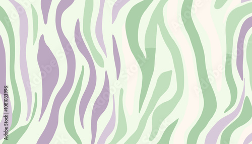 Zebra print in soft mint and muted lavender, trendy pattern for fashion, hand-drawn zebra stripes, smooth fabric design, wallpaper illustration, vector zebra skin pattern