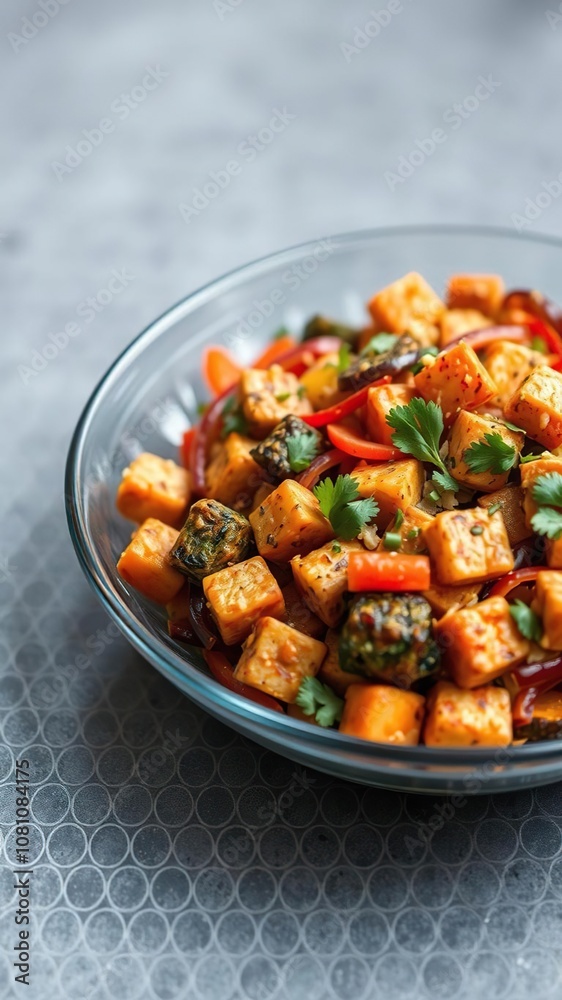 Vegan tempeh stir fry with colorful veggies on clear background, healthy, vegan, dish Vegan tempeh stir fry with colorful veggies on clear background, healthy, vegan, dish