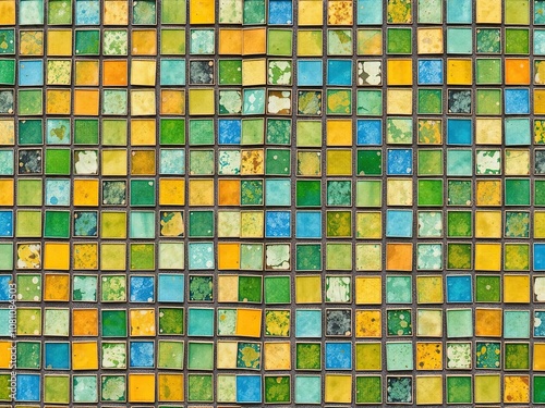 Vibrant and intricate mosaic tile wall pattern in various shades of blue, green, yellow, and orange, tiled, wall, colorful photo