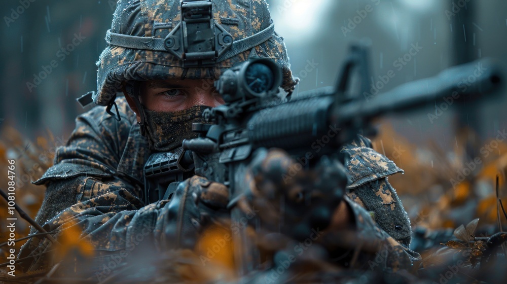 Soldier sniper in tactical camouflage clothing close-up Soldier sniper in tactical camouflage clothing close-up