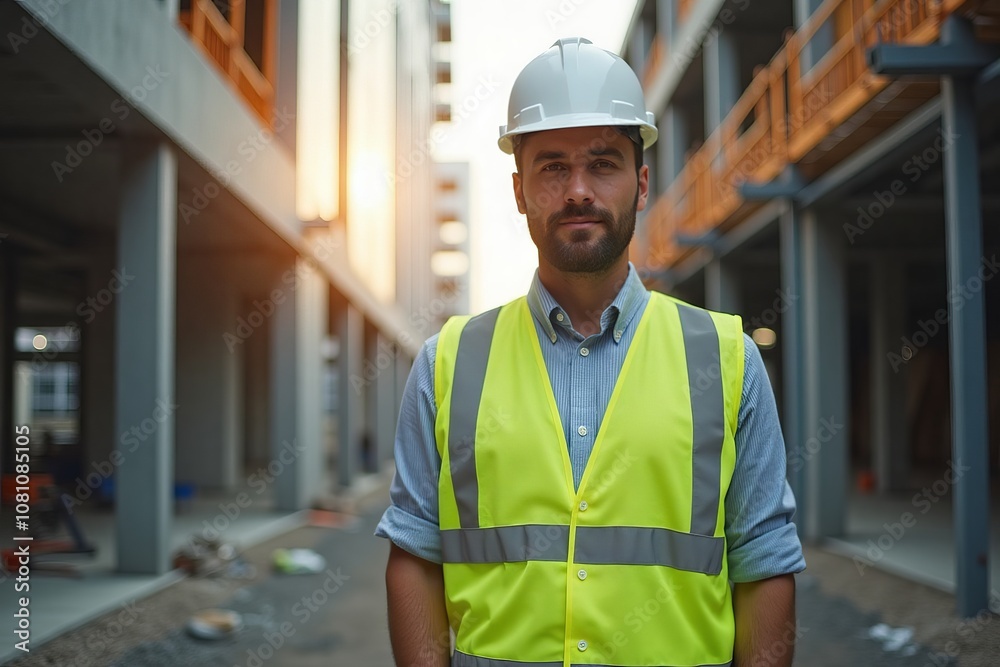 Confident Construction Worker in Safety Gear Standing at Modern Building Site Confident Construction Worker in Safety Gear Standing at Modern Building Site