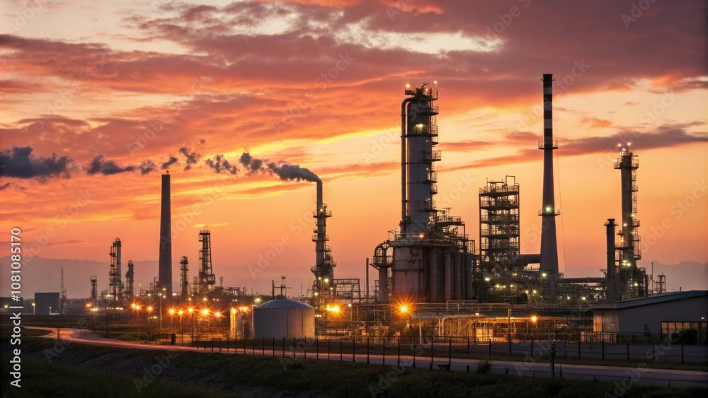 Industrial skyline at sunset with smokestacks and machinery Industrial skyline at sunset with smokestacks and machinery