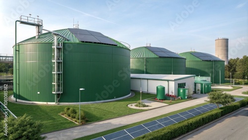 Modern biogas plant with solar panels and green silos