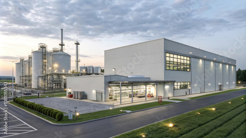 Modern industrial facility with gas storage tanks at dusk