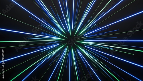 Blue and green neon light streaks converging at a central point on a black background, resembling a futuristic speed or motion effect for sci-fi themes and technology visuals