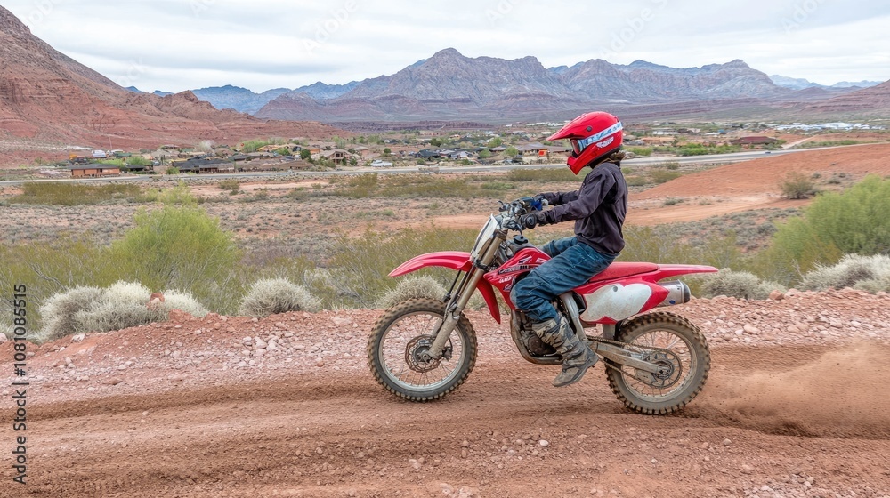 Young Boy Riding Dirt Bike on Desert Trail Against Majestic Mountain Landscape, Capturing Adventure and Freedom in Outdoor Recreation Setting Young Boy Riding Dirt Bike on Desert Trail Against Majestic Mountain Landscape, Capturing Adventure and Freedom in Outdoor Recreation Setting