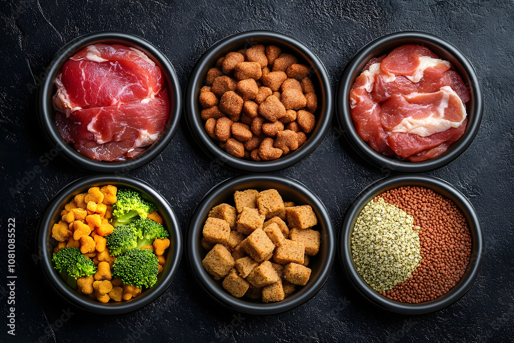 Photo collage. Bowl with food for dogs or cats. A set of dry fodder and fresh meat. Concept of healthy food for animals. Photo collage. Bowl with food for dogs or cats. A set of dry fodder and fresh meat. Concept of healthy food for animals.