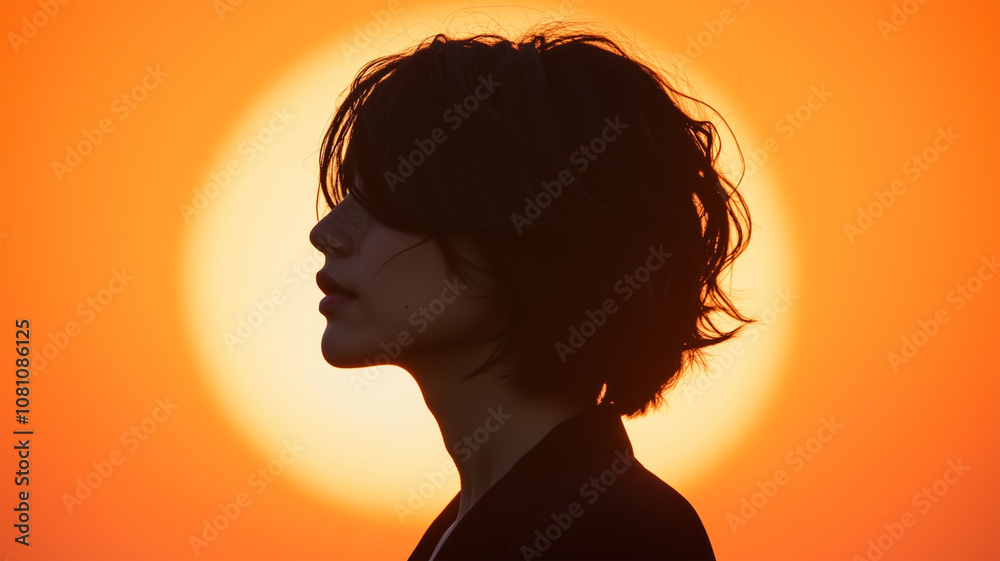 オレンジ色の光を背景にした日本人女性のシルエット オレンジ色の光を背景にした日本人女性のシルエット