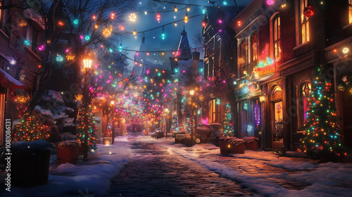 Festive Winter Street Decorated with Colorful Holiday Lights