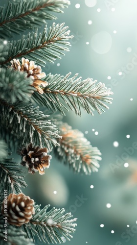 Pastel green christmas background with bokeh and pine branch frame