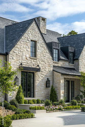 A luxury home in an upscale neighborhood, featuring stone exterior walls and black roof shingles. The house has multiple windows with deep sashes that highlight the architectural details of each room.