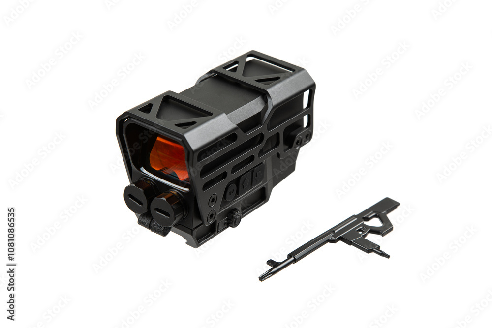 Modern optical collimator sight. Aiming device for shooting at short distances. Isolate on a white back.