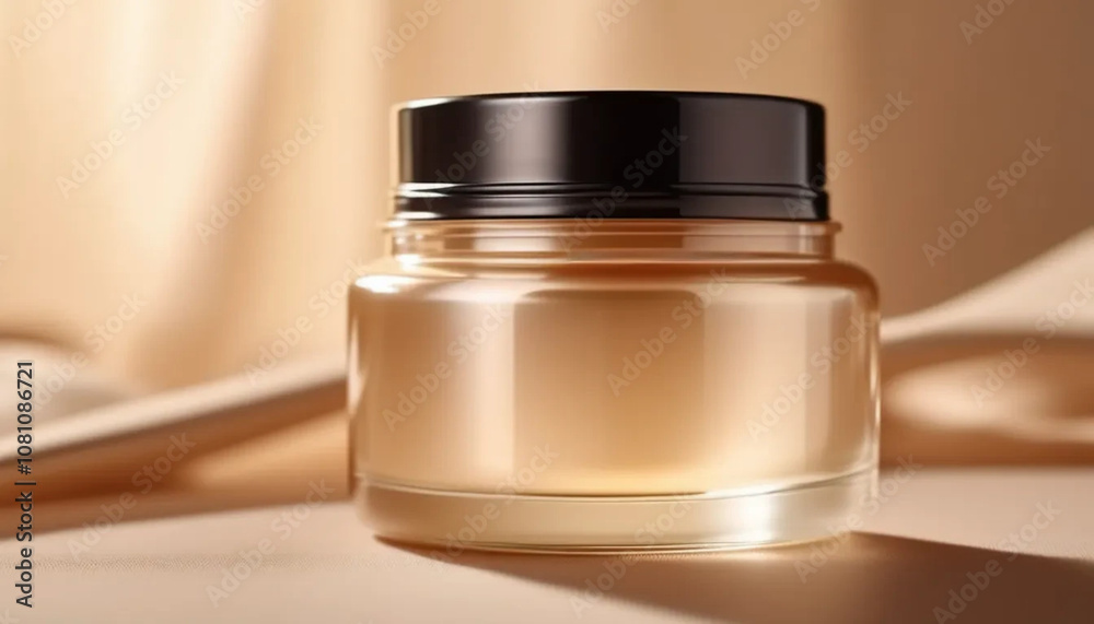 Little beige glass jar for face cream on beige background, ai Little beige glass jar for face cream on beige background, ai