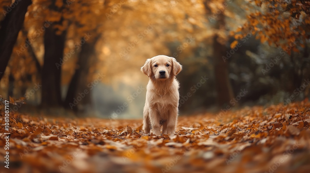 Adorable golden retriever puppy standing in a path surrounded by vibrant autumn leaves, symbolizing new beginnings, innocence, nature's beauty, warmth, and fall season. Adorable golden retriever puppy standing in a path surrounded by vibrant autumn leaves, symbolizing new beginnings, innocence, nature's beauty, warmth, and fall season.