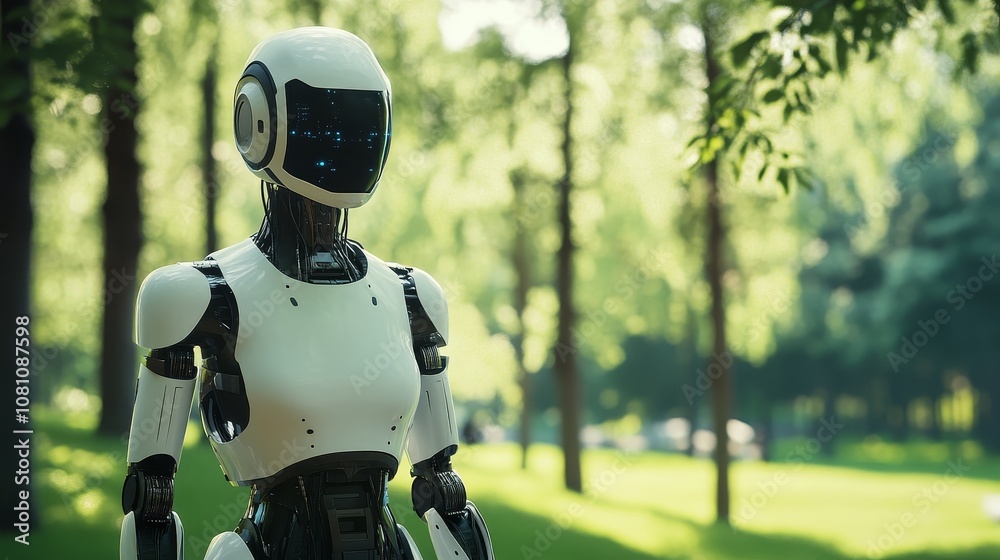 Artificial Intelligence Robot in a Green Park. A futuristic robot blends ly into a natural environment, symbolizing the convergence of technology and nature, with a focus on human-like design and ad Artificial Intelligence Robot in a Green Park. A futuristic robot blends ly into a natural environment, symbolizing the convergence of technology and nature, with a focus on human-like design and ad