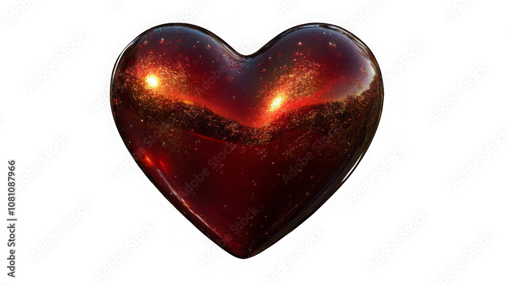 Obraz premium Glass transparent isolated heart. Realistic soap bubble in the shape of a heart, glare, light and sparkles. Glossy holographic chrome futuristic decoration element.