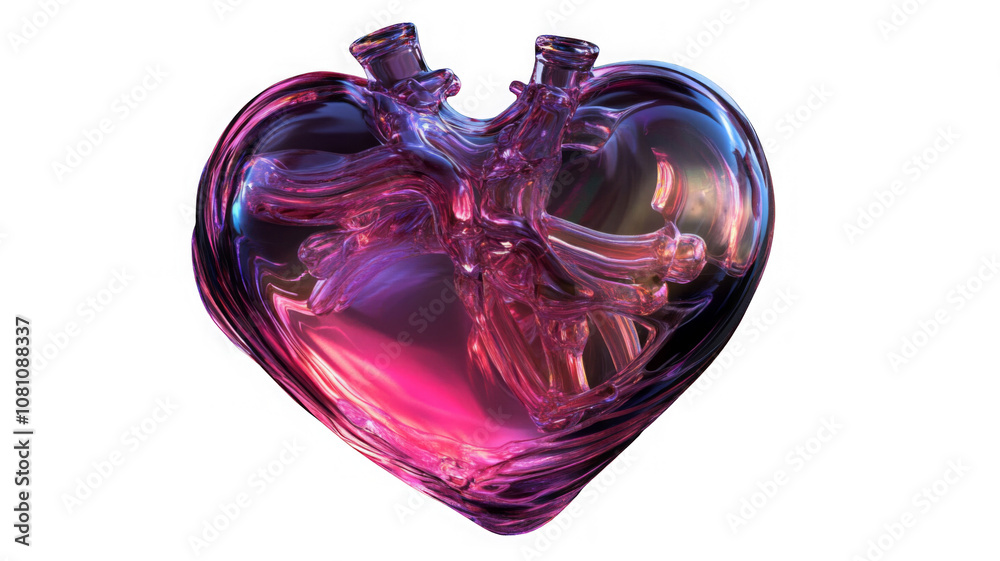 Glass transparent isolated heart. Realistic soap bubble in the shape of a heart, glare, light and sparkles. Glossy holographic chrome futuristic decoration element. Glass transparent isolated heart. Realistic soap bubble in the shape of a heart, glare, light and sparkles. Glossy holographic chrome futuristic decoration element.