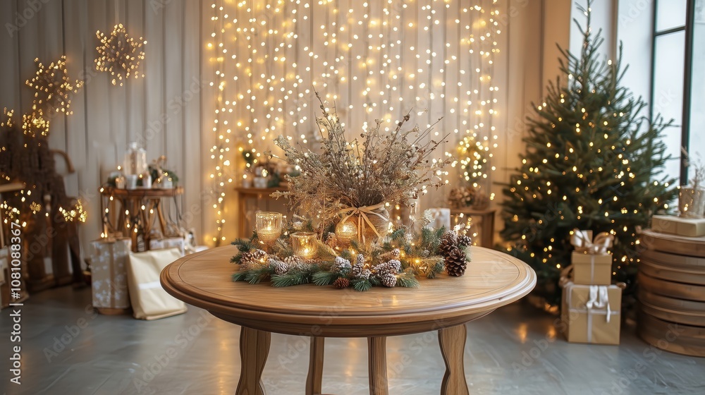 elegant round table in light wood with festive holiday decor and backdrop lights elegant round table in light wood with festive holiday decor and backdrop lights