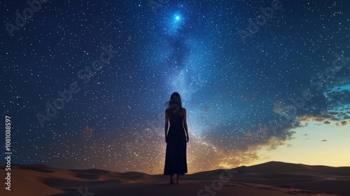 person gazes upwards breathtaking starry sky and Milky Way surrounded tranquil beauty desert twilight.