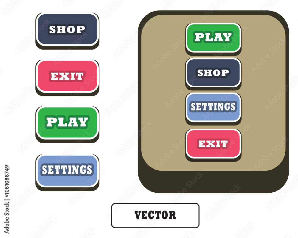 Simple Vector Game Buttons Pack in Flat Style Simple Vector Game Buttons Pack in Flat Style
