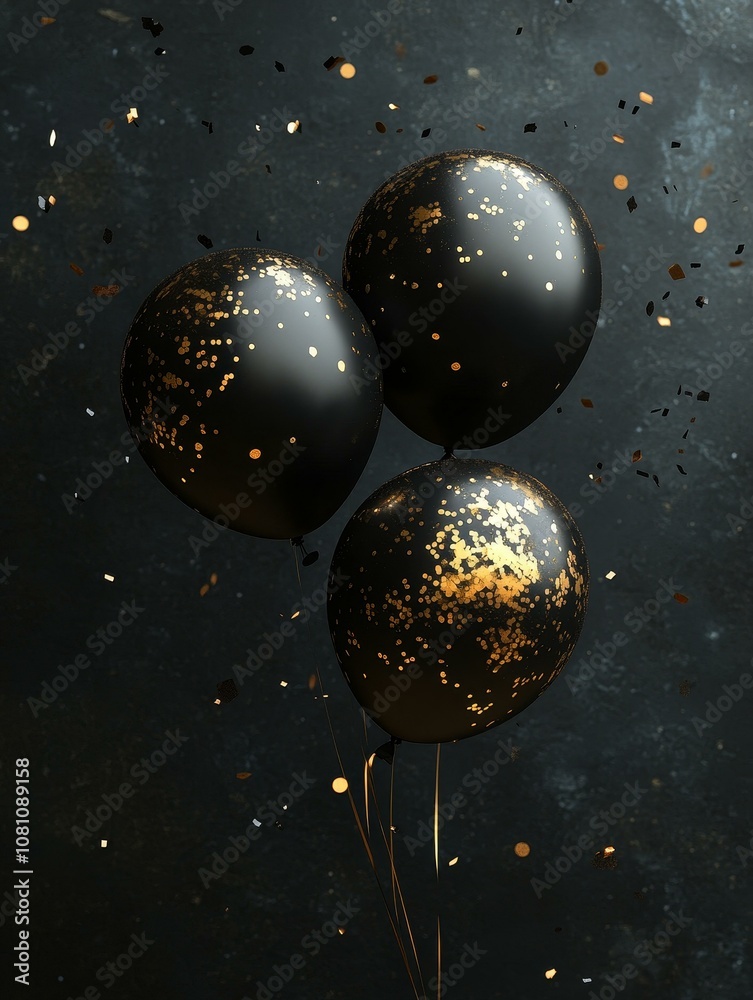 Fototapeta premium Elegant black and gold balloons floating against a dark background with confetti. Perfect for celebrating special occasions, adding a touch of luxury to any event.