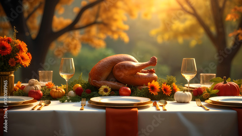 An Elegant and Festive Thanksgiving Dinner Setting with Colorful Decor and Delicacies