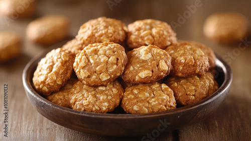 Rustic wooden bowl with freshly baked oatmeal cookies on a table, ideal for a cozy treat