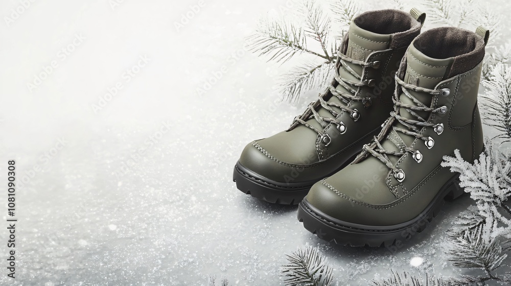 Winter combat boots in dark olive, set against a light gray background with frosty leaf accents Winter combat boots in dark olive, set against a light gray background with frosty leaf accents