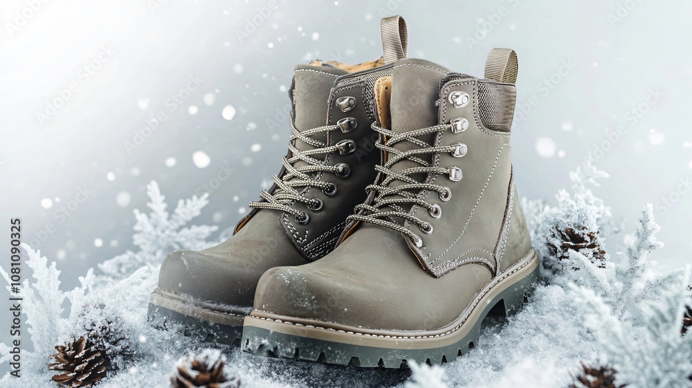 Winter combat boots in dark olive, set against a light gray background with frosty leaf accents Winter combat boots in dark olive, set against a light gray background with frosty leaf accents